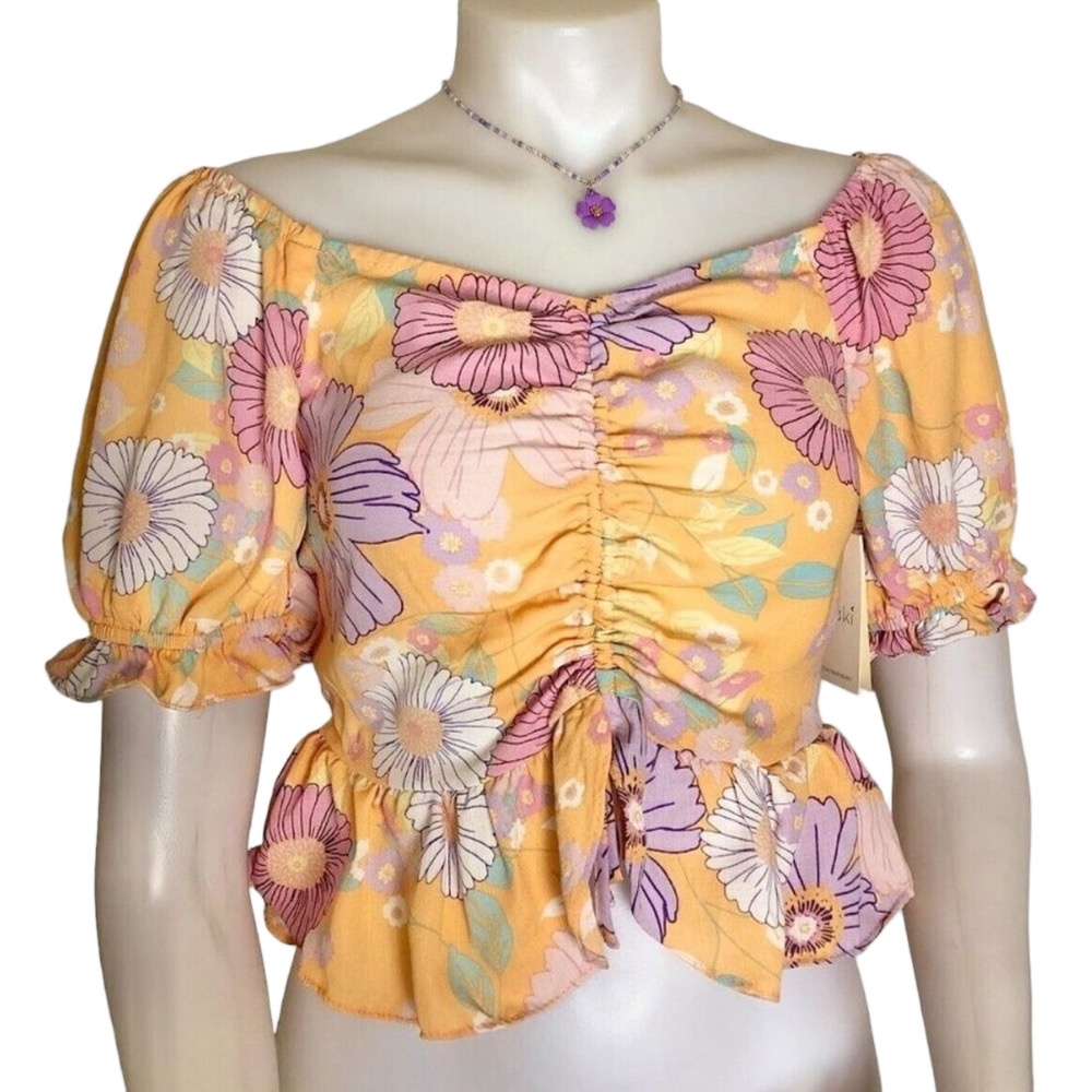 🍒Meraki Yellow Floral Ruched Blouse size M GUC..